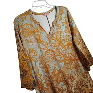 Simply Aster Tunic Top XL Orange Blue‎ Floral Paisley 3/4 Sleeve Lightweight